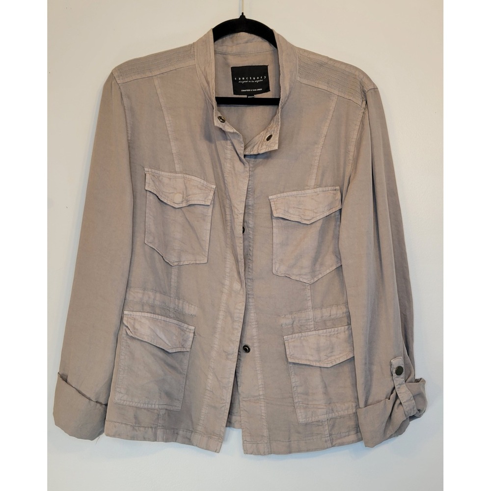 Sanctuary Womens Large Utility Jacket Grey Beige Cargo Field Safari Shirt Jacket
